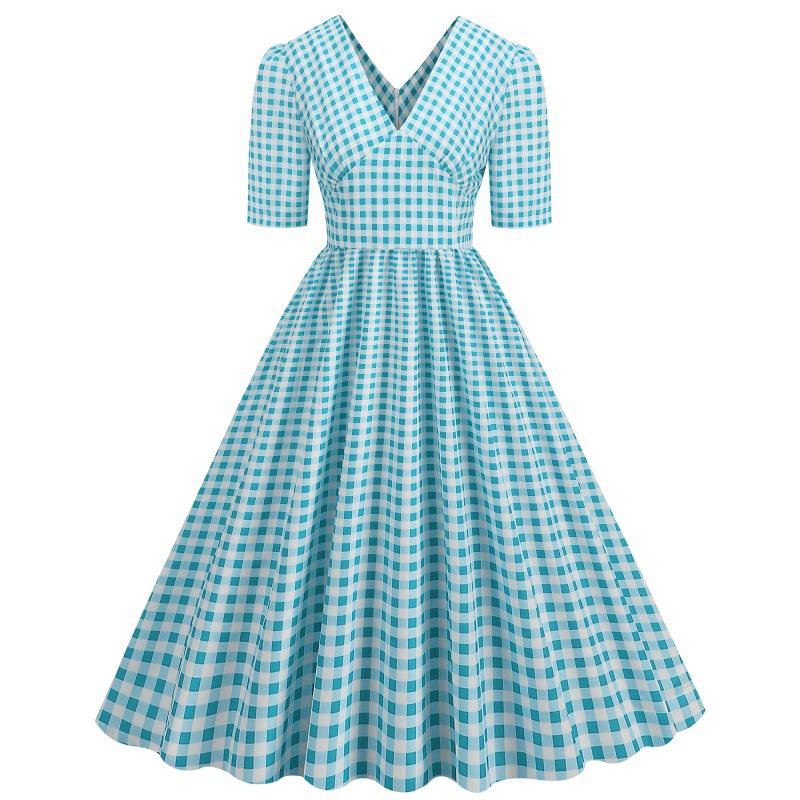 2023 Plaid Waist-Cinching Retro Hepburn Style Dress with Large Hem