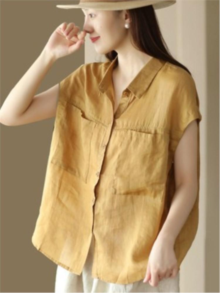 

Женские винтажные рубашки Johnature Ramie, топы с отложным воротником, однотонные блузки, летние лоскутные рубашки с карманами One Size жёлтый