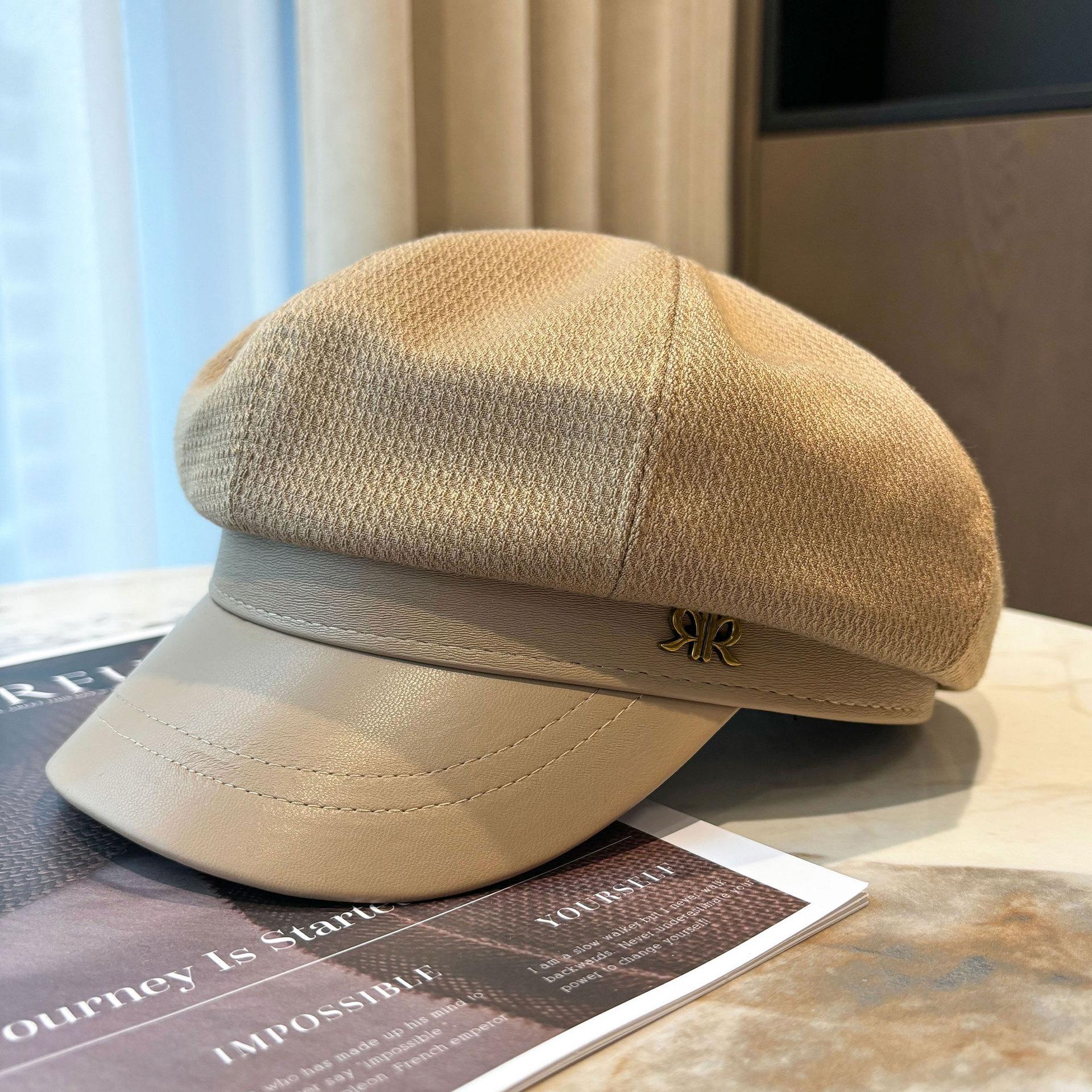 Baret Dames Franse Hoge Kwaliteit Schildersmuts Japanse Stijl Grote Hoofdomtrek Gezicht Laten Zien Kleine Achthoekige Muts voor Dames beige