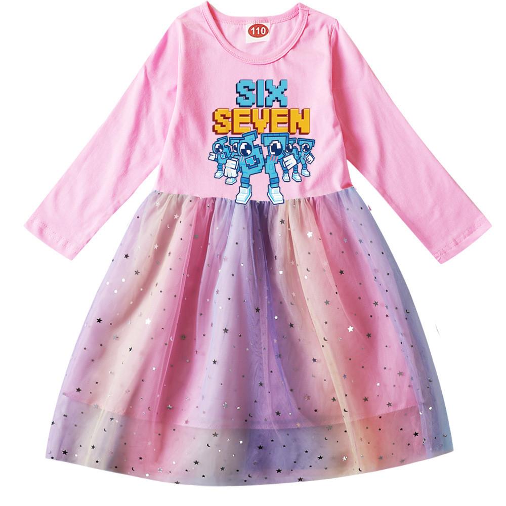 9193 Kids Girls Steal a Brainrot 67 Six Seven Print Long Sleeves Cotton Casual Sequins Rainbow Dress
