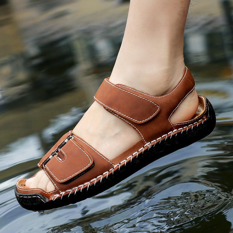 Fashion Brand Hand Sewn Thread Men Sandals Summer Cow Leather Sandals Outdoor Casual Lightweight Sandal Fashion Men Sneakers Size 38-48