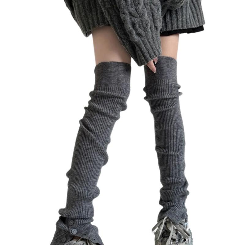 Japanese Ballet Styles Thigh High Leg Warmer Ribbed Knitted Split Buttons Over Knee Footless Socks for Fashionable Women