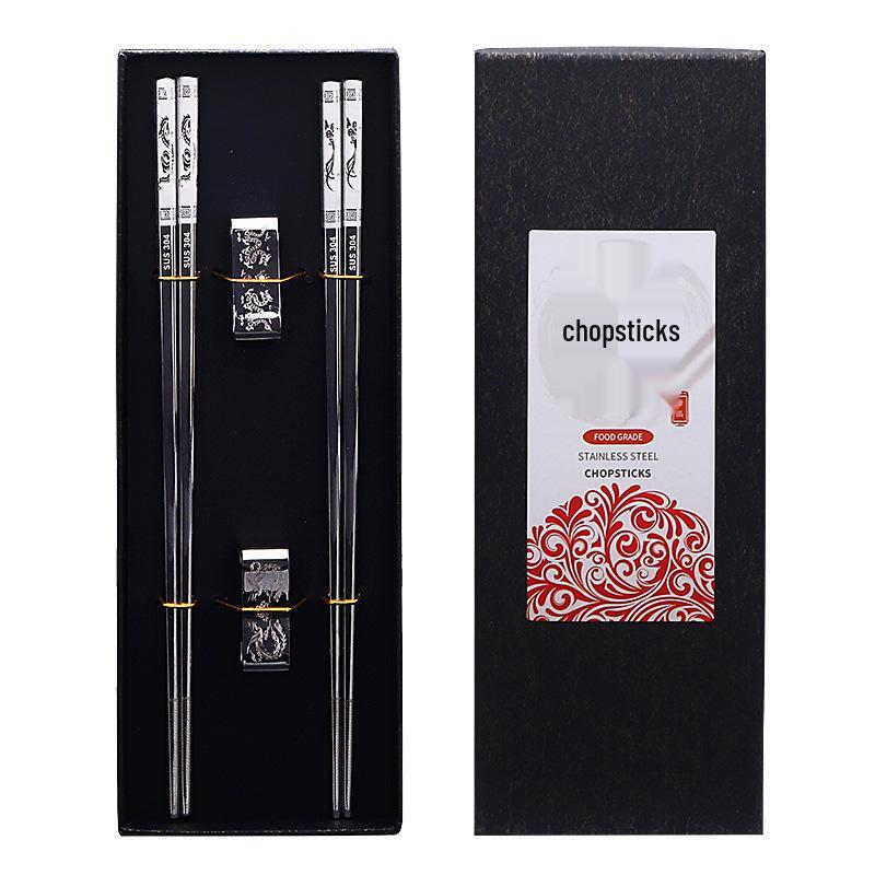 304 Stainless Steel Chopsticks & Rests Gift Set with Laser Black and White Logo