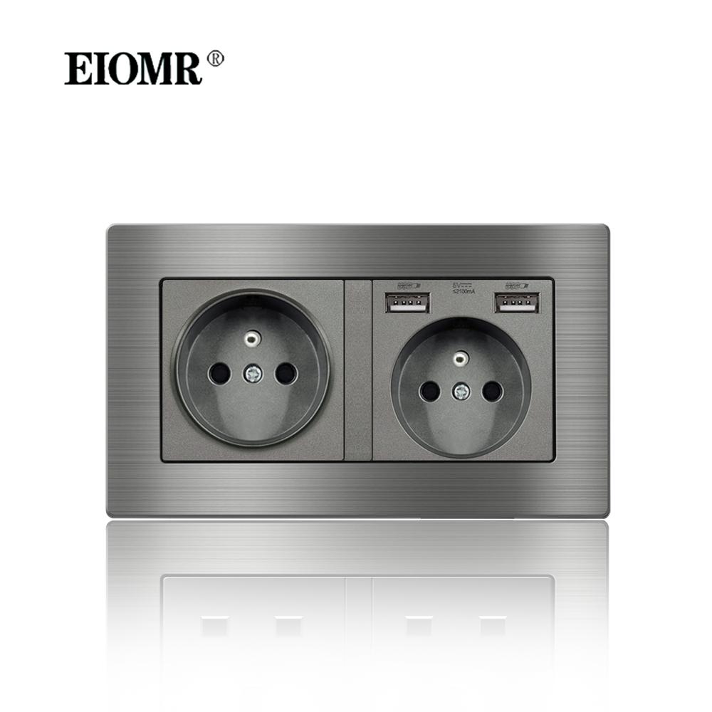 EIOMR France Standard Electrical Socket Grey Aluminum Alloy Panel Light Switch Rj45 Tv 220V 16A Wall Outlets for Home Appliance