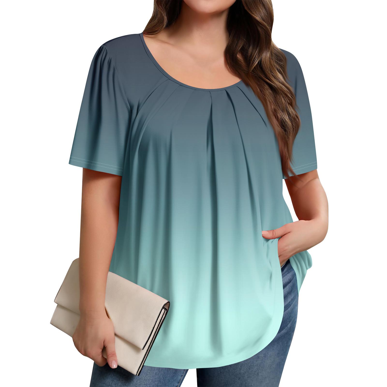 

Плюс Размер Женский Повседневный Круглый Вырез Плиссированный Короткий Рукав Однотонный Топ XXL