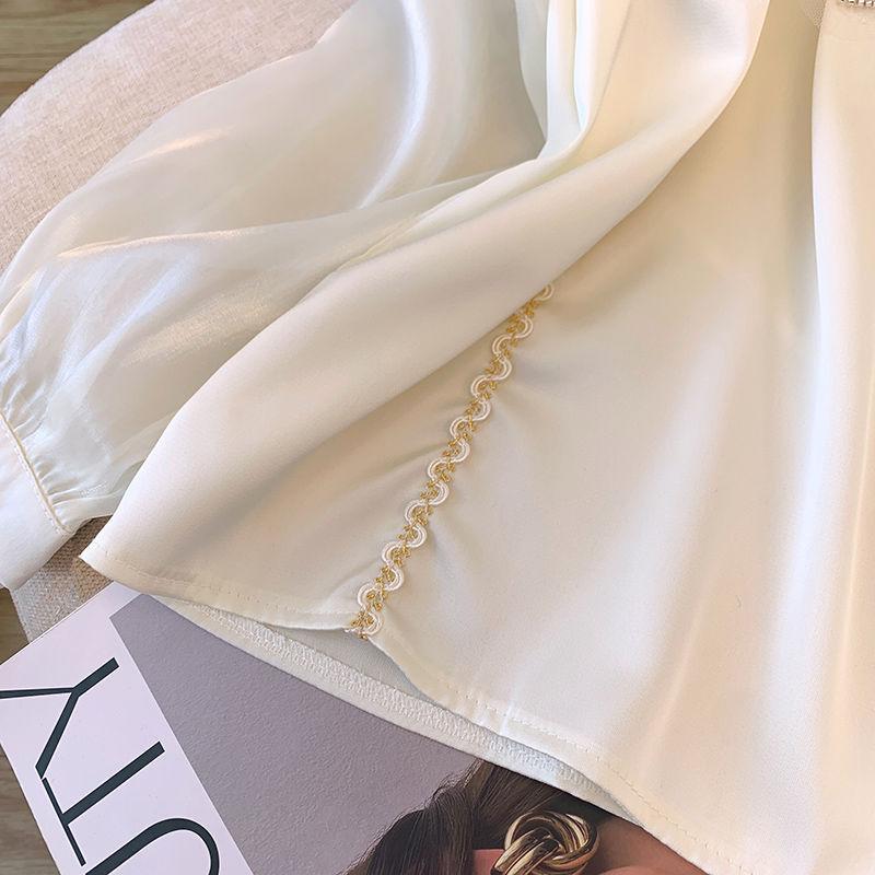 Embroidered Beads and Buckles Modified Cheongsam Satin Long-sleeved Shirt