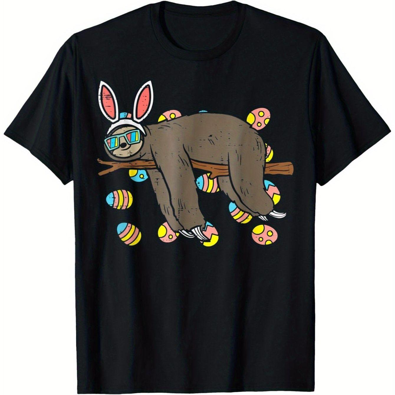 Sleepy Sloth Easter Bunny Glasses Graphic Tee Soft Cotton Casual Men s T-Shirt Funny Spring Outfit 4XL