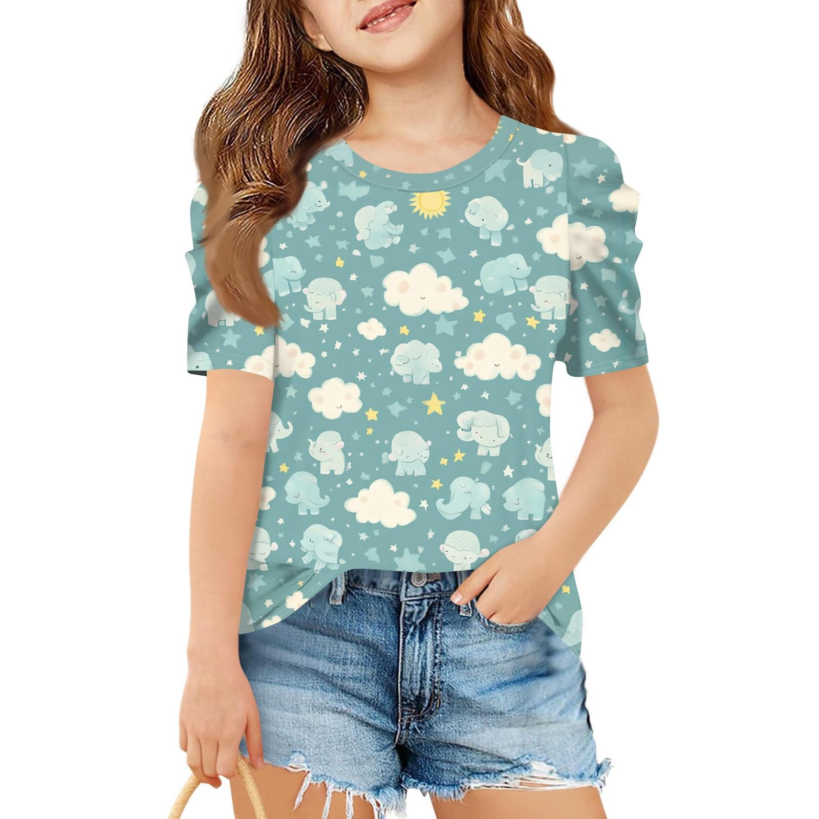 

Літній топ з коротким рукавом для дівчаток, дитяча мила футболка кежуал з принтом з круглим вирізом 160