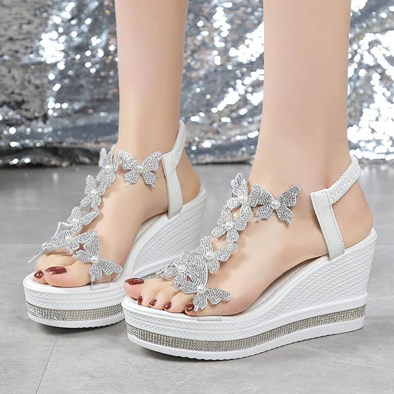 Fashion Fashion Crystals Womens Shoes Butterfly Wedges Sandals Women Summer Chunky Platform Elastic Band Sandles Woman Pearls High Heels