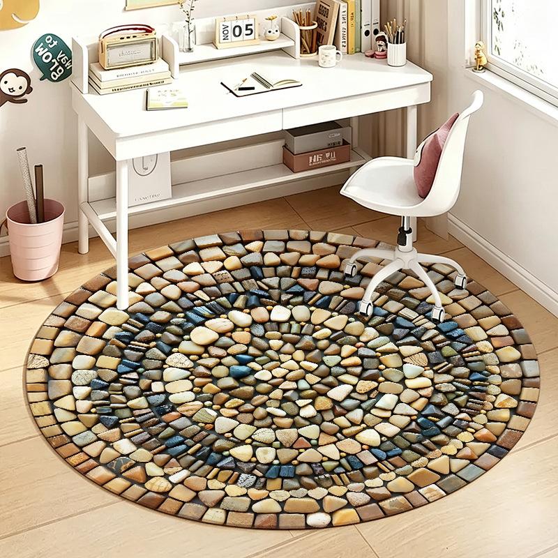 1Pcs Stone Round Rug Non-Slip Machine Washable Floor Mat 2D Flat Vintage Floral Area Rug for Living Room Bedroom Decor