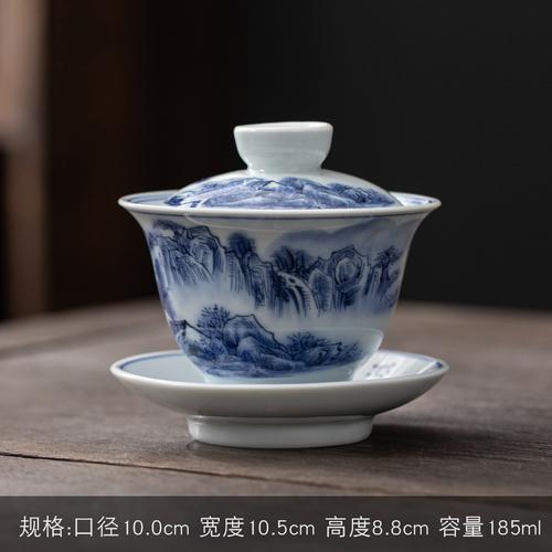 Jingdezhen-Hand Drawn Tea Bowl with Cover, Ceramic Tea Set, Large White Porcelain Covered Bowl, San Cai Gaiwan