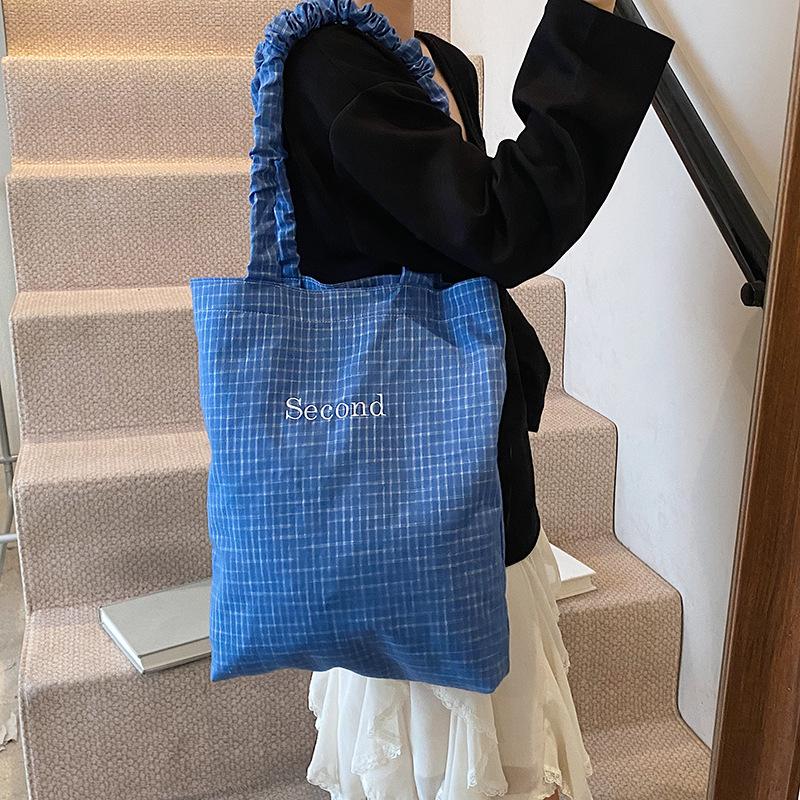 Plátěná dámská nová módní všestranná kostkovaná velkokapacitní taška přes rameno