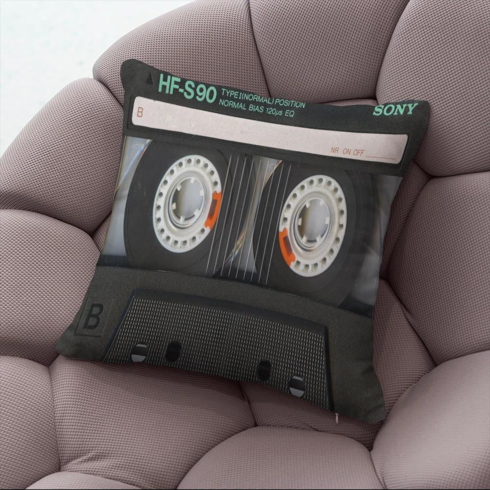 Fun Decorative Pillow Cover With Music Tape Print Cute Kawaii Camera Sofa Bedside Cushion Cover Short Plush Zipper Pillowcase