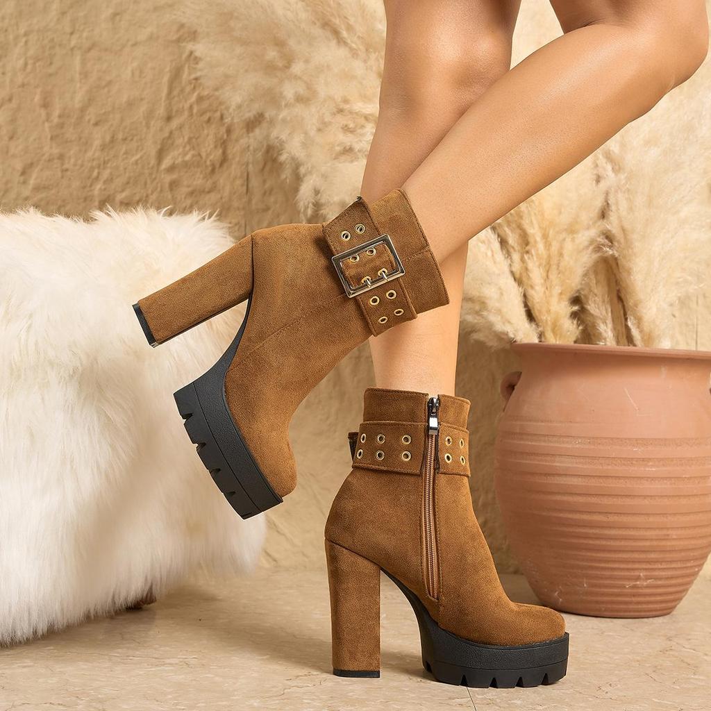 Women's Suede Chunky Heel Boots with Platform, Side Zipper, and Metal Decoration