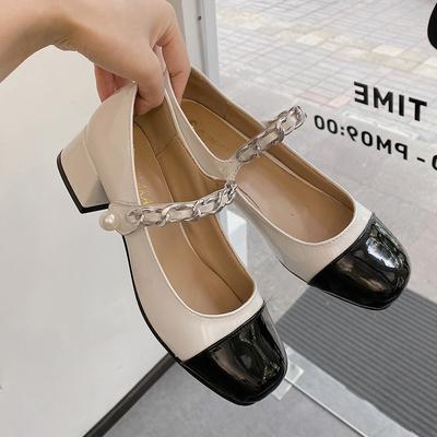 Mary Jane Shoes Thick Heel Shoes Year Color Matching Single Shoes Student High Heel Small Leather Shoes Female British Style