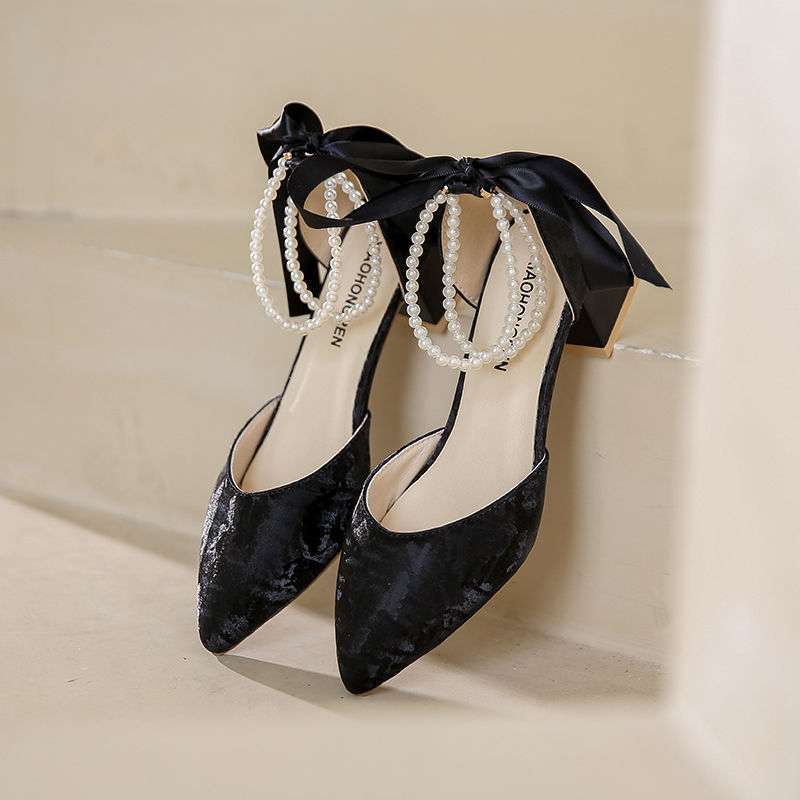 Xiaoxiangfeng high heels women's thick heel medium heel spring and autumn new versatile fairy with skirt hollow single shoes pointed pearl