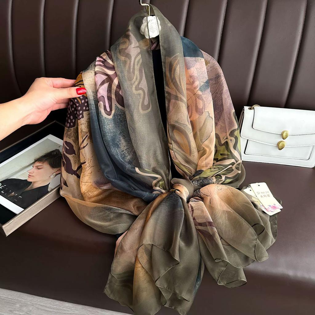 Silk Scarf Folral Women Summer Hijab Luxury Print Sunscreen Shawl Wraps Bandana Ladies Head Scarves Large Foulard Echarpe