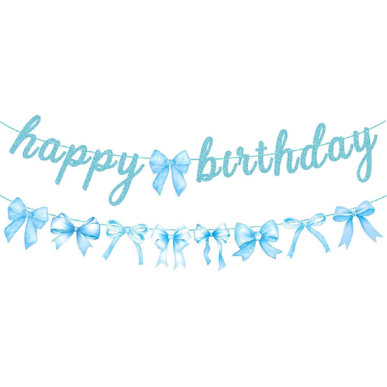 Blue Bow Happy Birthday Banner with Bow Garland for Baby Shower Girls Women Blue Bow Themed Coquette Birthday Party Decorations