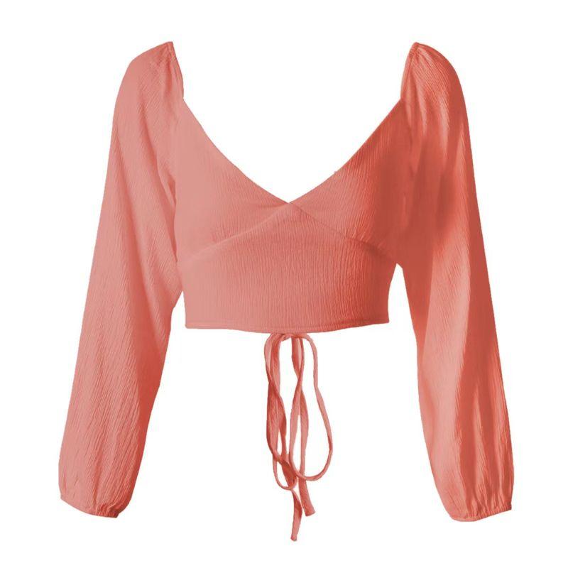 

Fashion Style off-the-Shoulder Long Sleeves Back Lace-up Tube Top Short Sexy Tops Female Tied Strapless Top Red M