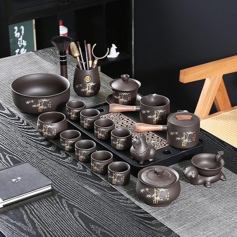 Lila Sand Schritt für Schritt Gaosheng Kung Fu Tee-Set, Handbemaltes Gold-Set, Teekanne, Haushalt Rohmineral Schlamm Teekanne, Teetassenset