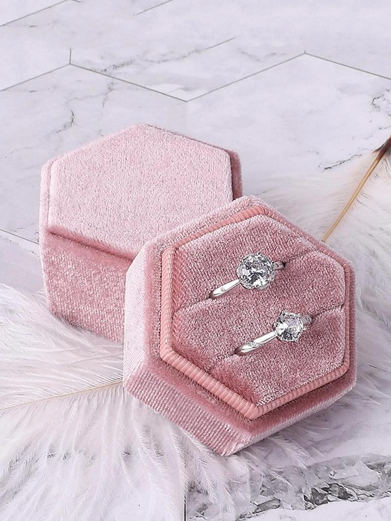 1pc-Velvet Double Ring Box Hexagon Wedding Ceremony Ring Box with Detachable Lid Box