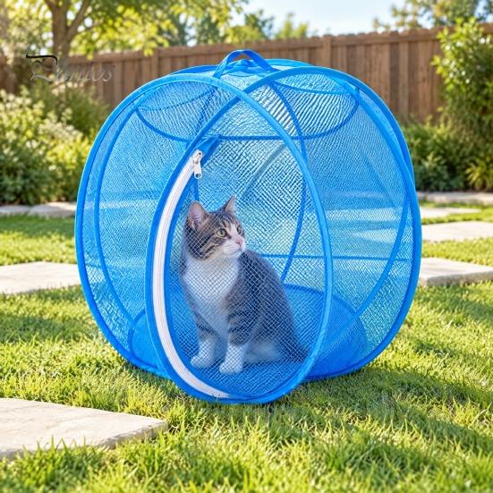 Faltbares Katzenzelt für Camping Pop-Up Rollgehege, Outdoor Katzengehege Spielgehege, Atmungsaktives Netz Haustier Belüftet Kaninchen Bewegungsballkäfig mit Reißverschluss,