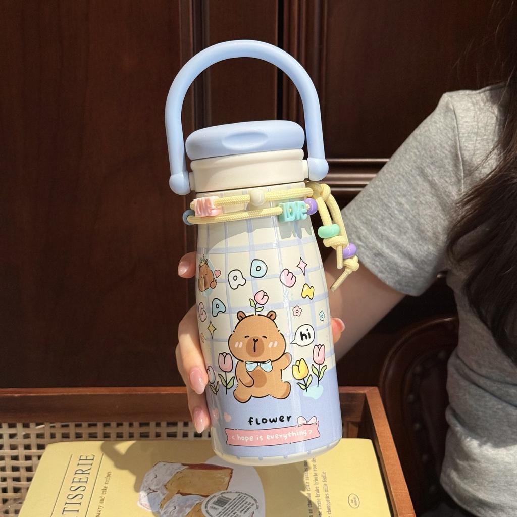 Large Capacity High Value Cartoon Thermos Cup, Girls Portable Double Drink Straw Kettle, Student Strap Cup