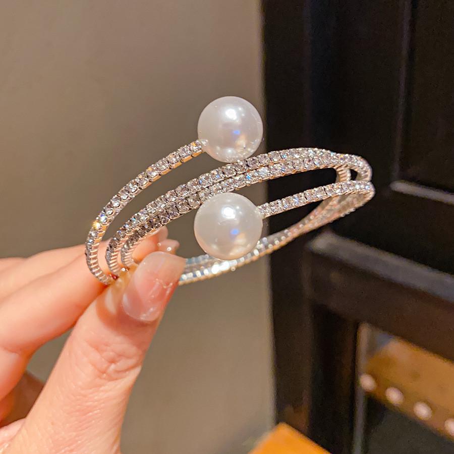 Pearl Multilayer Open Bracelet With Diamond Embellishments For Elegant Ladies Silver