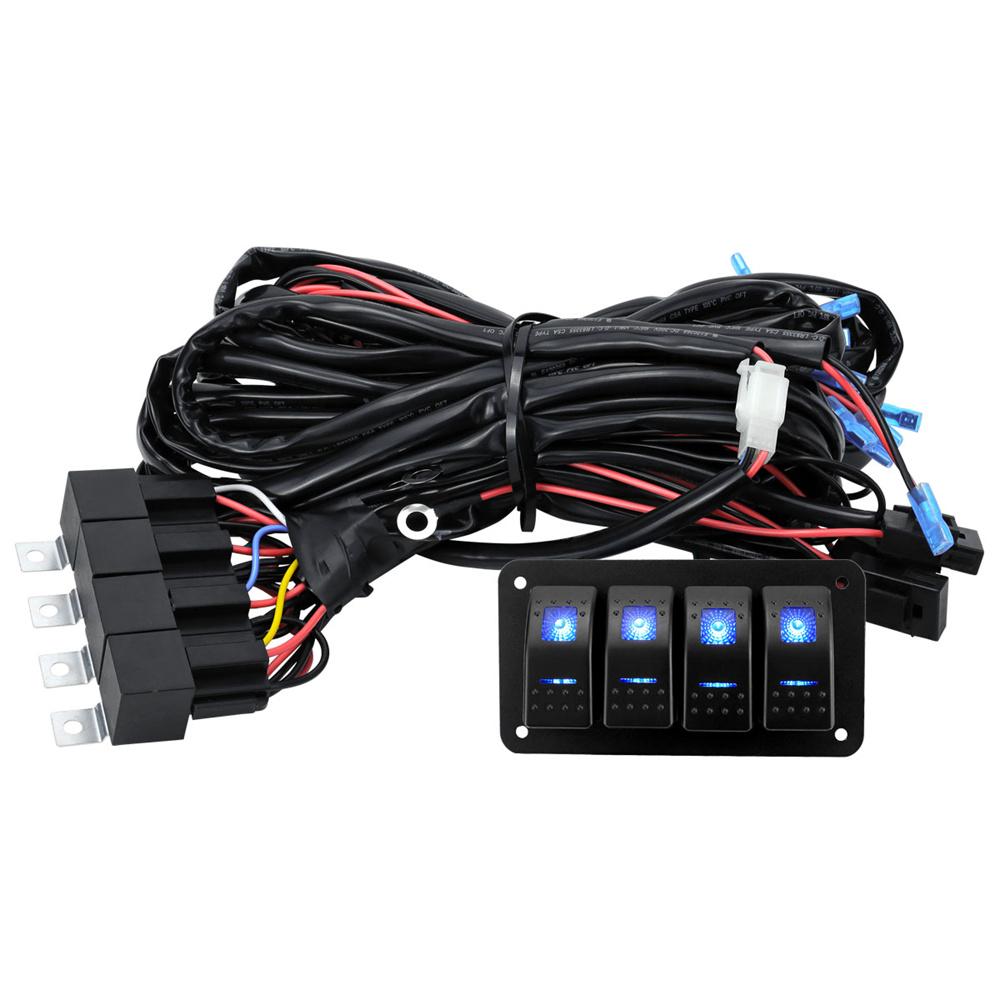 12V 16AWG 4-Gang LED Light Bar Wiring Harness Kit 720W Relay Fuse