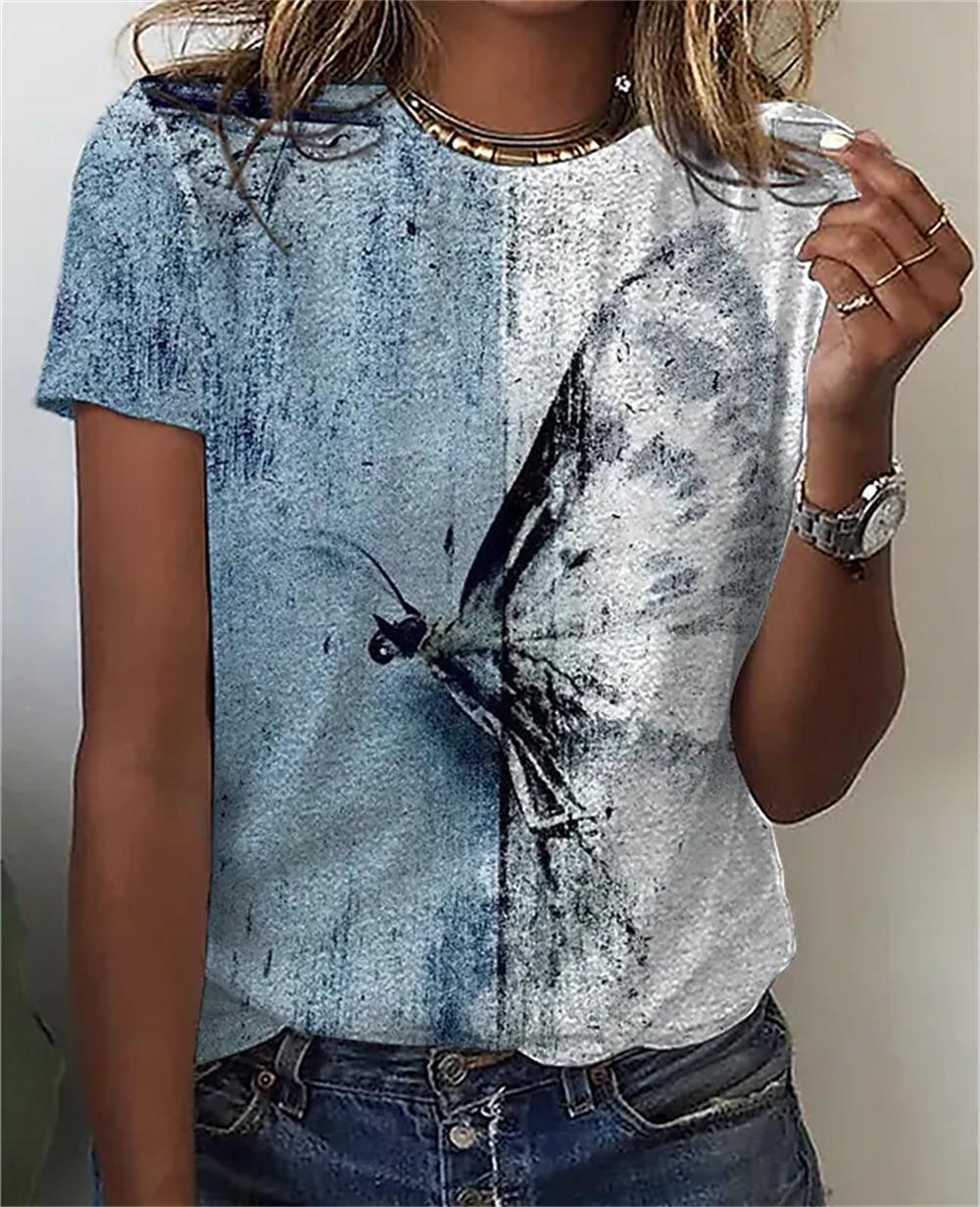 Summer butterfly T-shirt 3D printed women s round neck short sleeved T-shirt XS