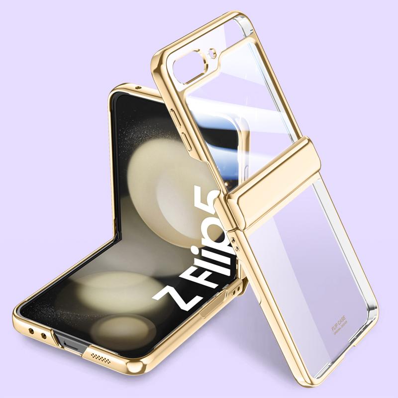 For Samsung Galaxy Z Flip5 5G Hinge Protection Clear Case Hard PC Electroplating Phone Cover with Tempered Glass Rear Screen Protector