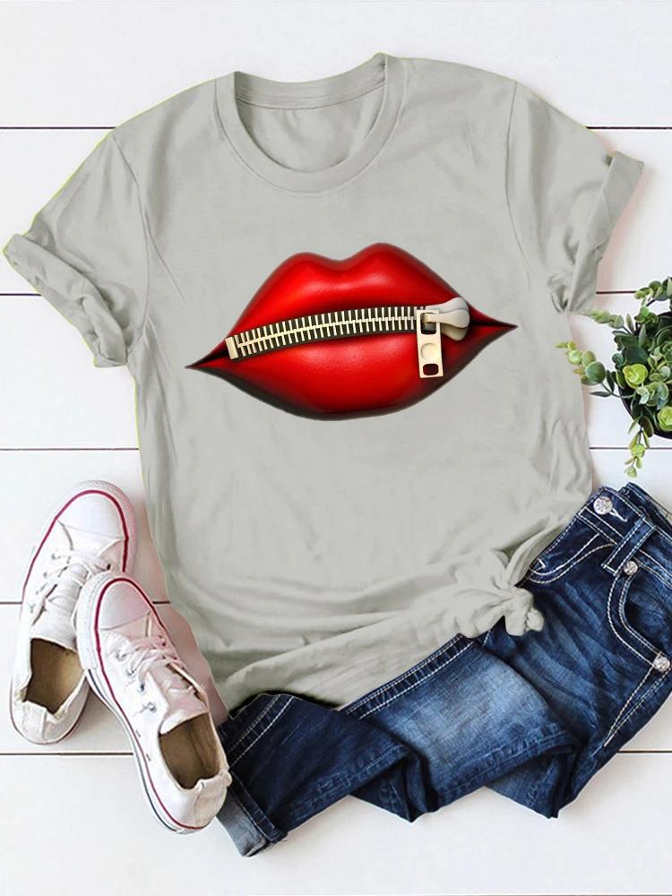 Zipper Lip Print T Shirt Women Short Sleeve O Neck Loose Tshirt Summer Women Tee Shirt Tops Camisetas Mujer