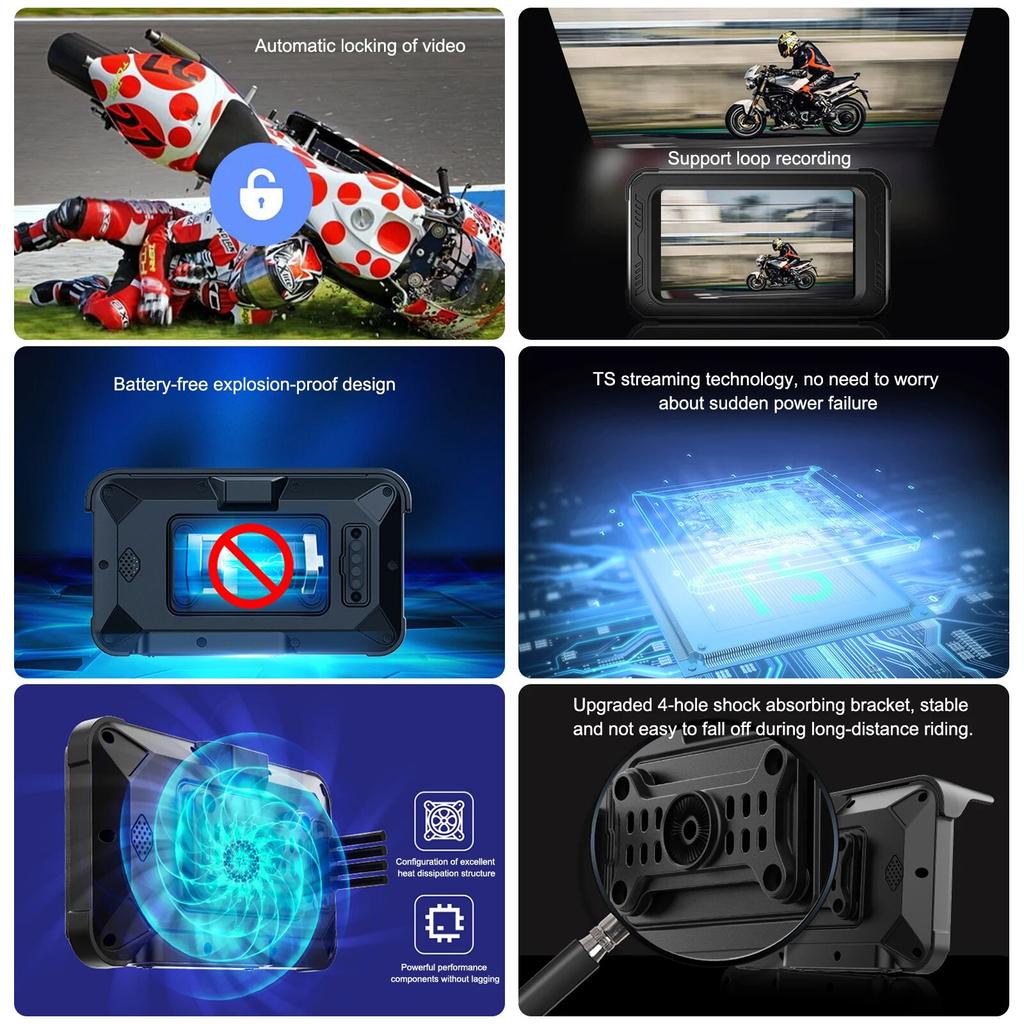 3-In-1 Motorbike Device: Dashcam+GPS Navigator+Wireless CarPlay, Supports Android Auto, Siri & Google Voice Assistant