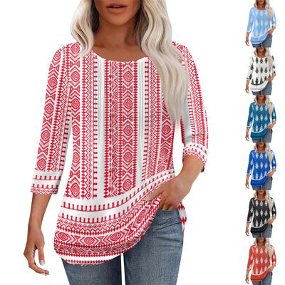 Damen Modisches Lässiges Plissiertes Rundhals Lässiges T-Shirt Top mit Blumenmuster Siebenviertelärmel