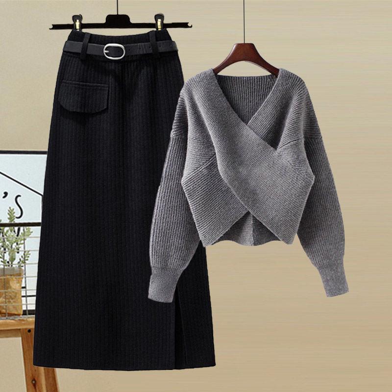 Women's Autumn Korean-Style Slimming Sweater and High-Waist Midi Skirt Set, G Size, 2025 Collection