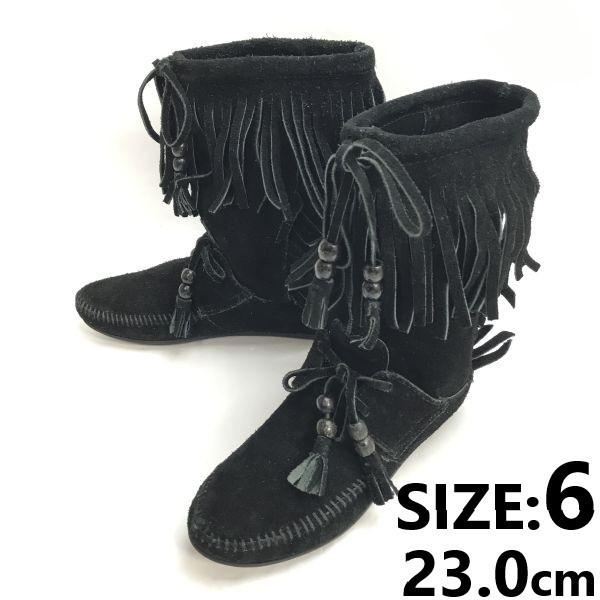 Minnetonka fringe moccasin boots 6 23 black suede leather