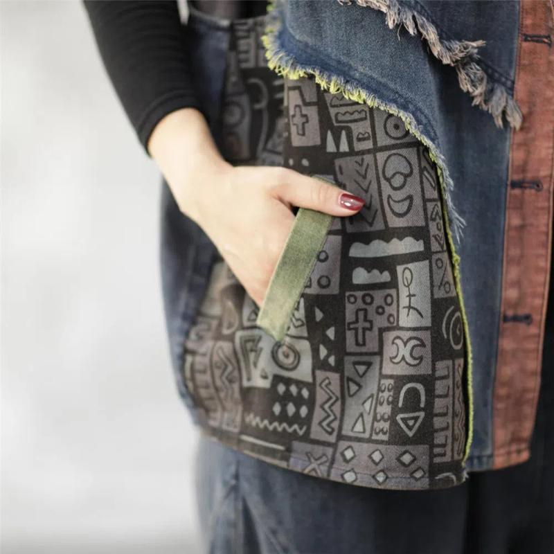 Kapuzenjeansweste Damen Frühling und Herbst Stitching Locker Literarisch Retro Reißverschluss Doppeltasche Waschung Weste