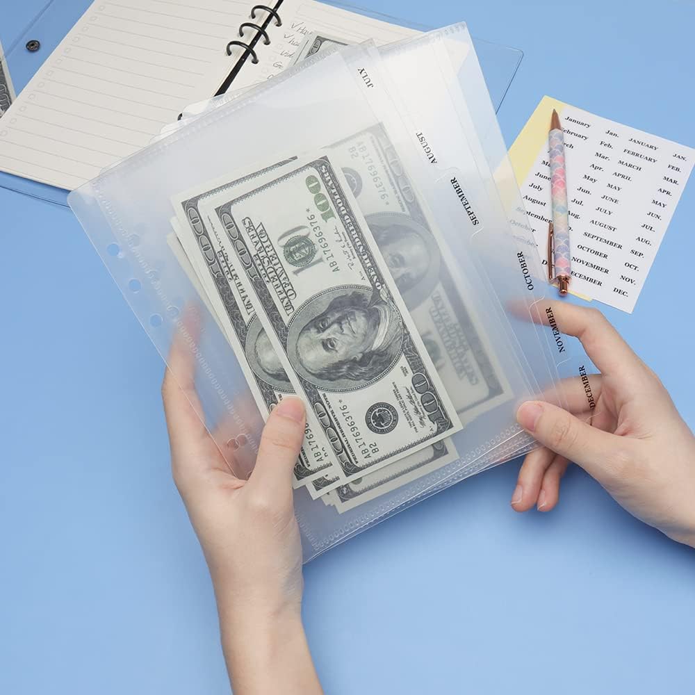 12PCS A5 Binder Pockets Clear Binder Dividers with Pockets and Tabs Cash Envelopes for 6-Ring Budget Binder Loose-Leaf Pockets Dividers with 2PCS
