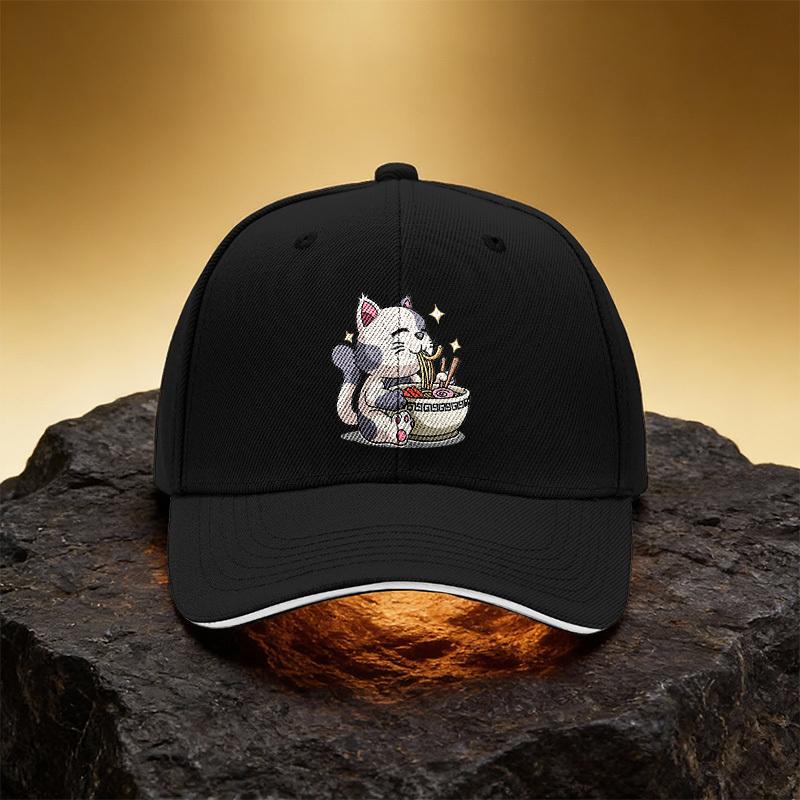 Cute Noodle-Eating Cat Hat, Unisex Printed Baseball Cap Sandwich Brim Sports Cap, Suitable for Daily Commuting and Travel - An E