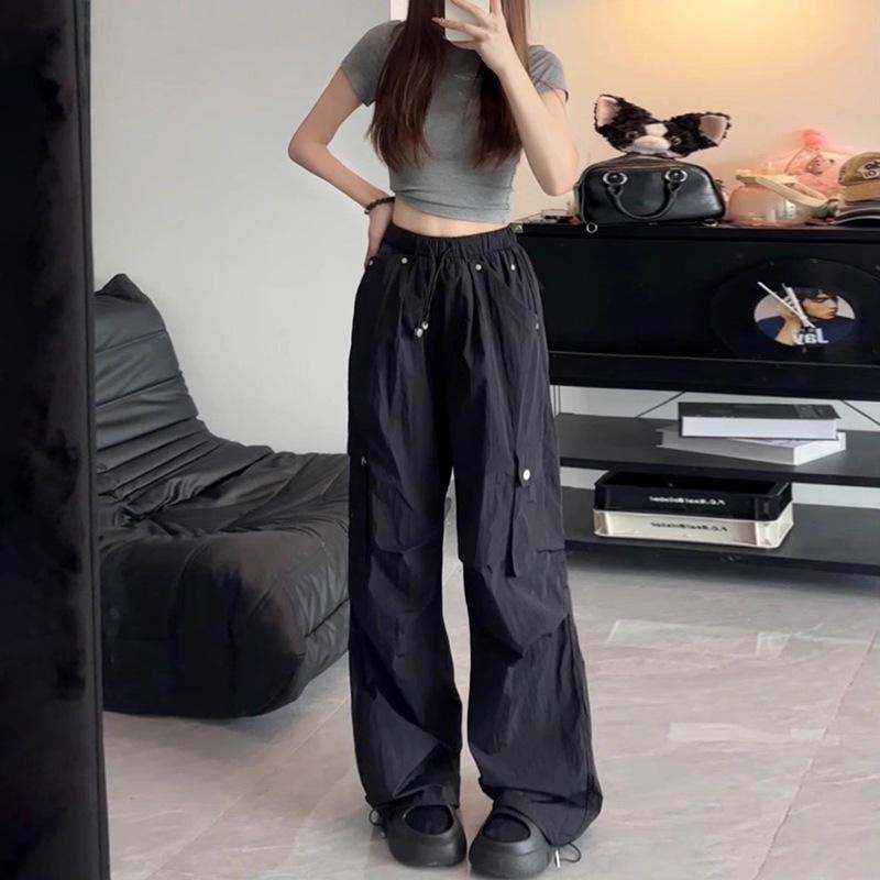 Women's High-Waist Cargo Pants: 2025 American Design, Drawstring, Floor-Length, Loose Fit Casual Trousers