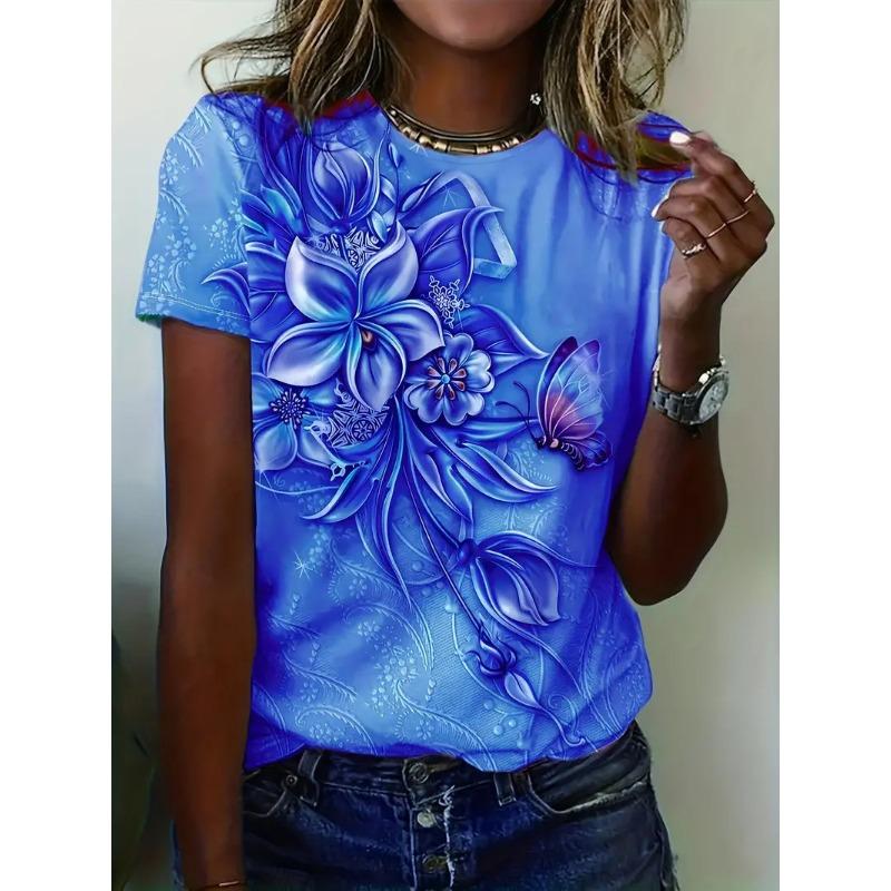 Summer Round Neck Solid Color Short Sleeved Top 3D Flower Pattern Printed Women's T-shirts