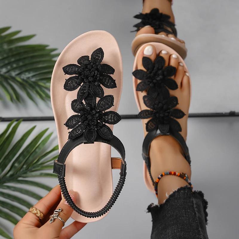 White Floral Sandals Women's Clip Toe Sandals Flat Women Summer Casual Shoes Bohemia Flowers Slip On Beach Ladies Shoes