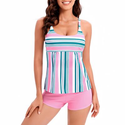 Large Size Women Modest Two Piece Swimsuit Padded Striped Top Solid Boyshorts Swimwear Set Tummy Control Slimming Tankini Bathing Suit