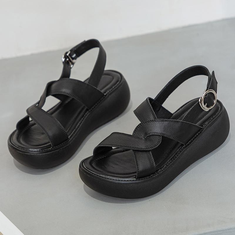 

Fashion GKTINOO 2025 Women Summer Platform Sandals Buckle Strap Open Toe Thick Bottom Genuine Leather Ladies Casual Beach Wedges Shoes 9
