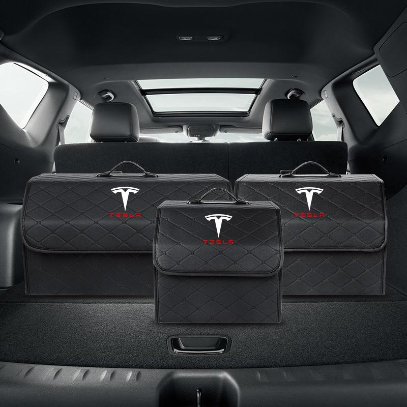 PU Leather Car Trunk Storage Box Automobile Stowing Tidying Box For Tesla Model 3 Model X Y Style Roadster Auto Accessories