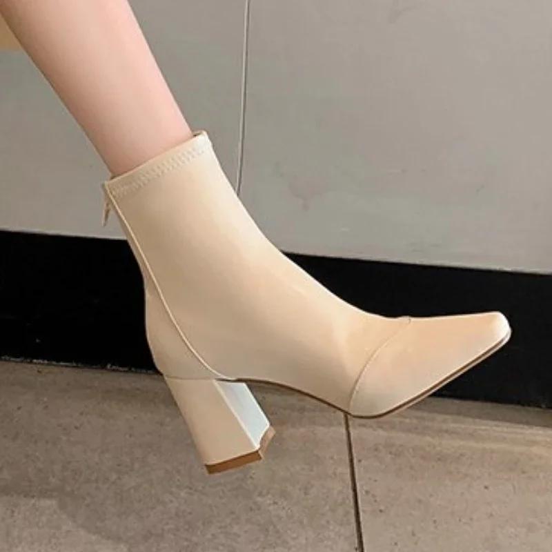 Fashion Women Vintage Ankle Boots Thick Heels Short Boot New Fashion Pointed Toe Zipper Winter Women's Shoes Leather Brown Short Booties