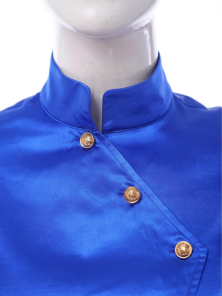 Women Victorian Blazer Stand Collar Long Puff Sleeves Button Satin Jacket Asymmetrical Blouse for Office Business Casual Theme Party