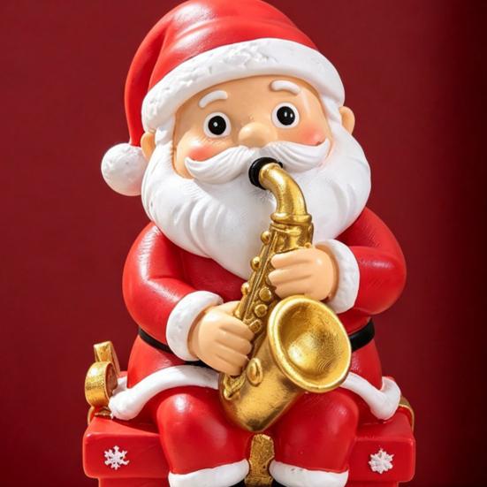 Cartoon Santa Sculpture Christmas Singing Claus Figurine,Cartoon Saxophone Resin Xmas Decor Statue, Festive Sitting Desktop Decoration Desk