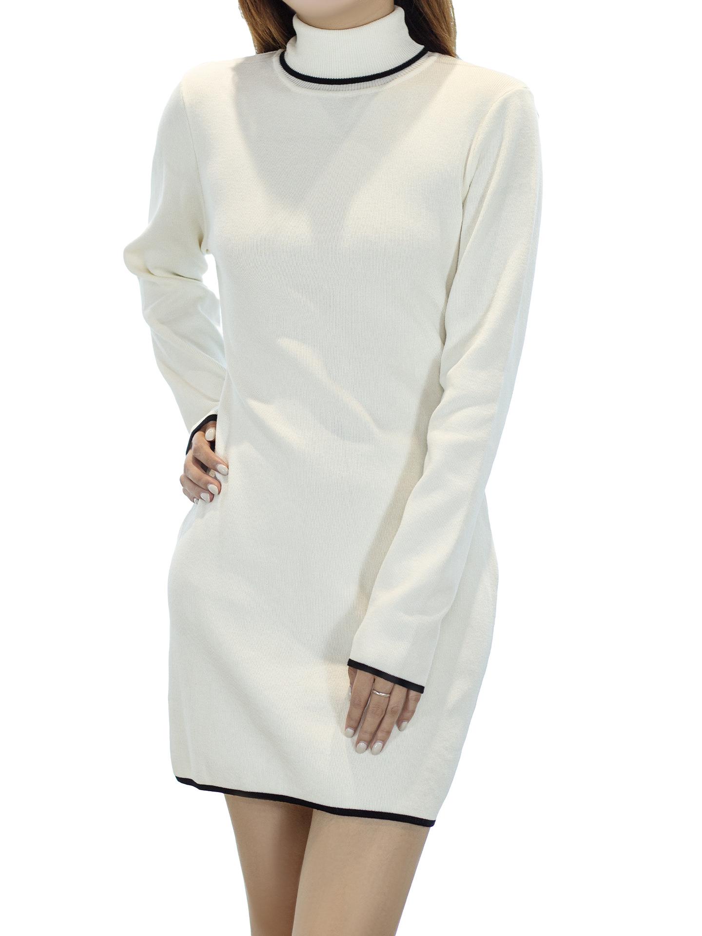 

European & American Women s Long Sleeve Knitted Wool Dress - Autumn/Winter Slimming Lapel Design M белый