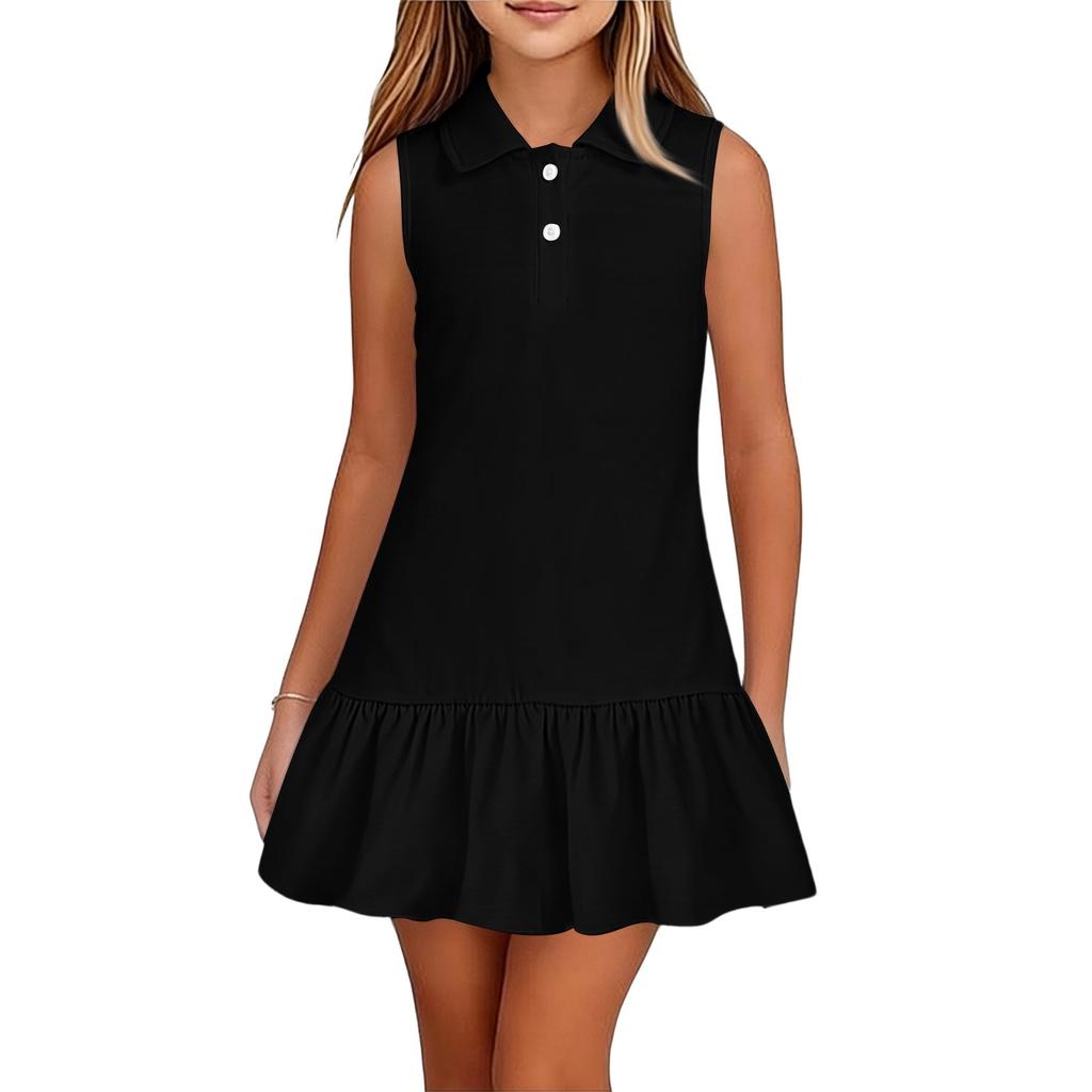 Vestito polo senza maniche per bambina, casual, da indossare tutti i giorni, con colletto e orlo a balze, vestibilità comoda, vestito estivo per bambini